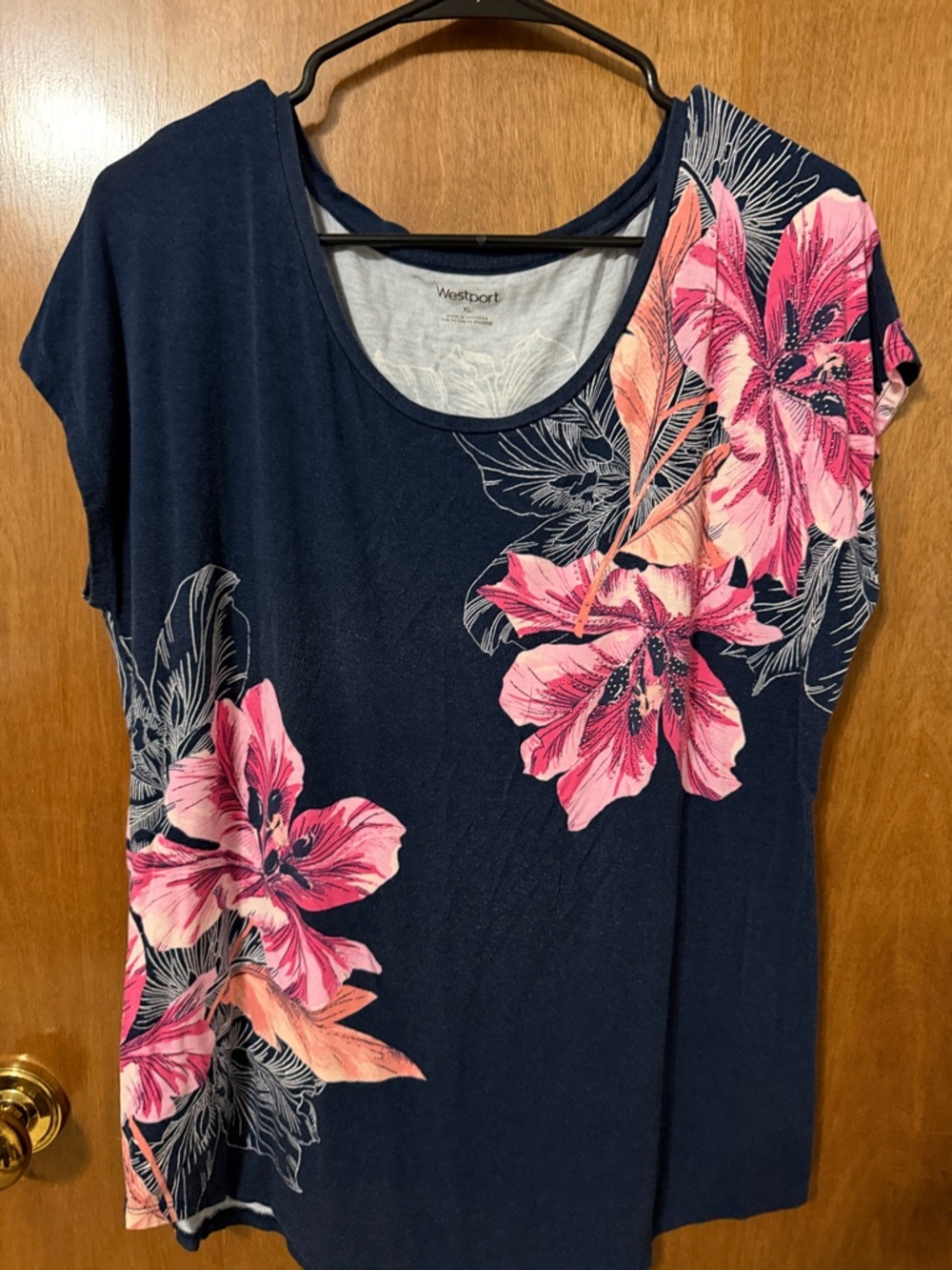 Westport Navy Short Sleeve Scoop Neck Top with Pink Floral Print